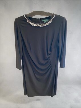 Ralph Lauren Black Jeweled-Neck Long Sleeve Draped Dress